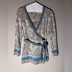 NIC+ZOE Beige and Teal Knit Sweater